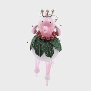 Vintage Poodle dog pink, white snow bow tail holiday ornament