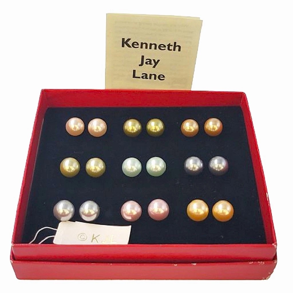 Vintage Kenneth Lane simulated pearl multi color nine pair earrings in original box