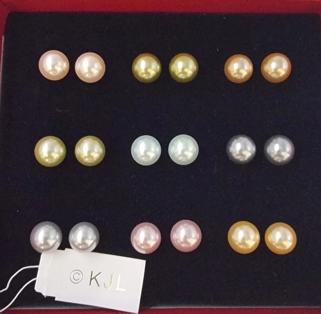 Vintage Kenneth Lane simulated pearl multi color nine pair earrings in original box