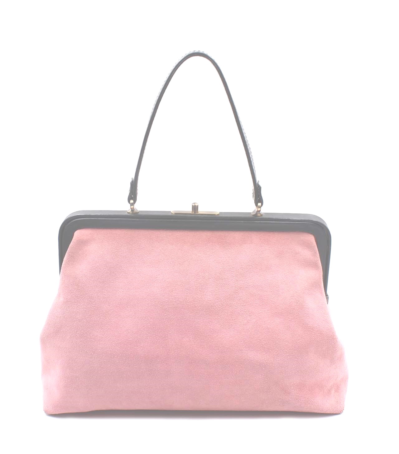 Isabella Fiore pink suede Handbag depicting a woman strolling through a park with a small dog on a leash.