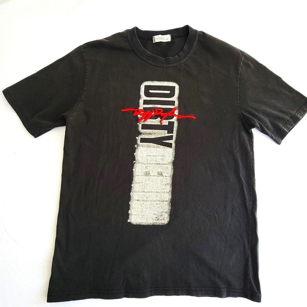 Dirty Denim black t-shirt with a faded, distressed graphic design on the front.