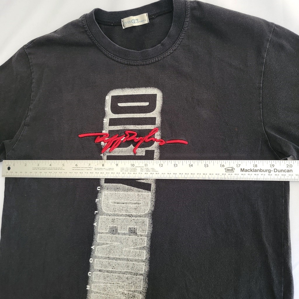 Dirty Denim black t-shirt with a faded, distressed graphic design on the front.