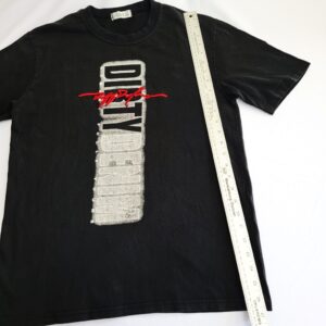Dirty Denim black t-shirt with a faded, distressed graphic design on the front.