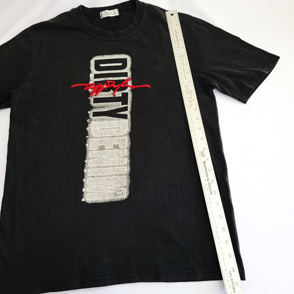 Dirty Denim black t-shirt with a faded, distressed graphic design on the front.