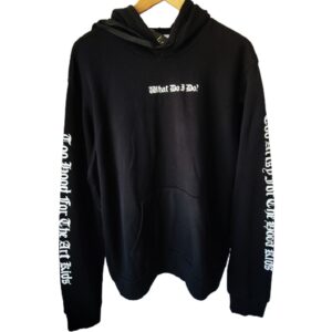 Front view of The Liz XX "What Do I Do" black graphic zip-up hoodie, unisex