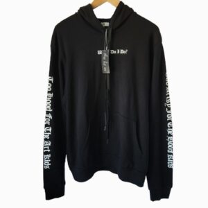 Front view of The Liz XX "What Do I Do" black graphic zip-up hoodie, unisex brand new with tag view