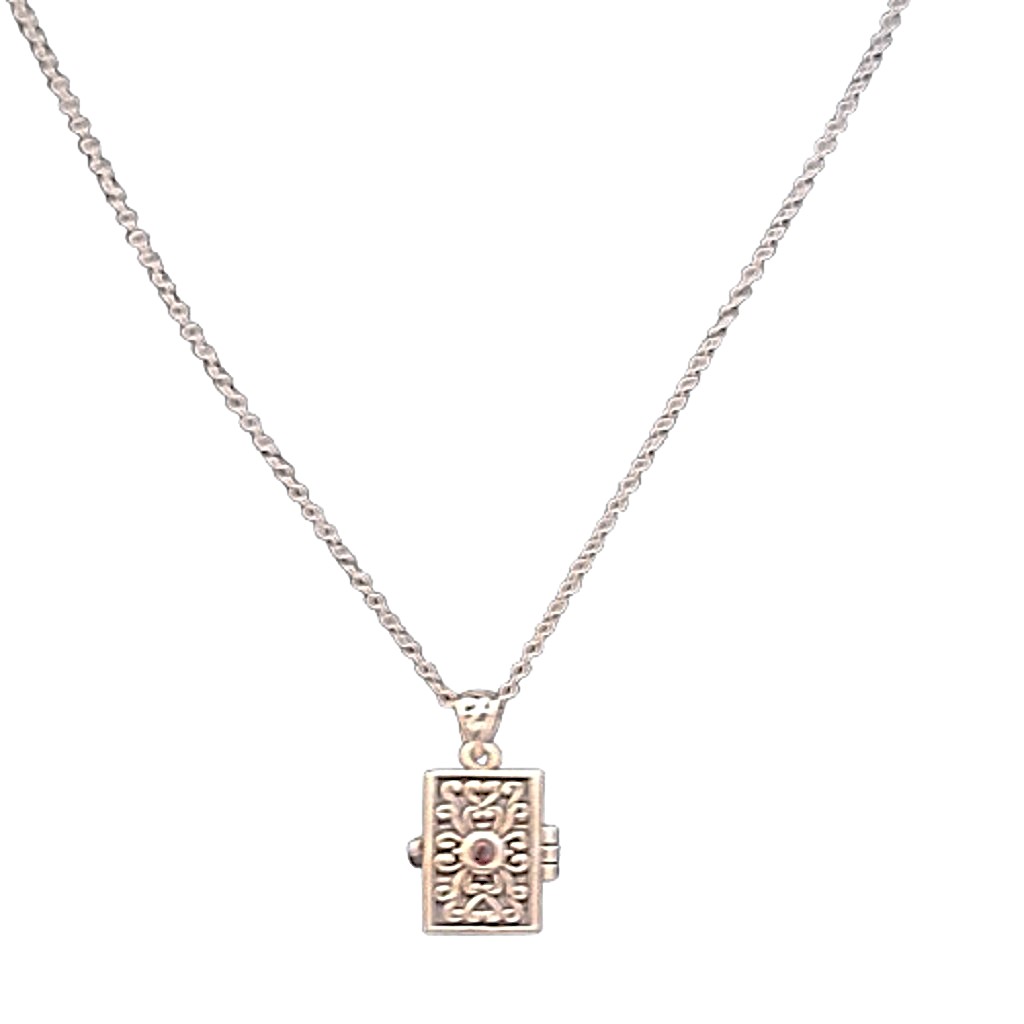 Front View of BBJ Bangkok sterling silver gemstone shaker prayer box necklace