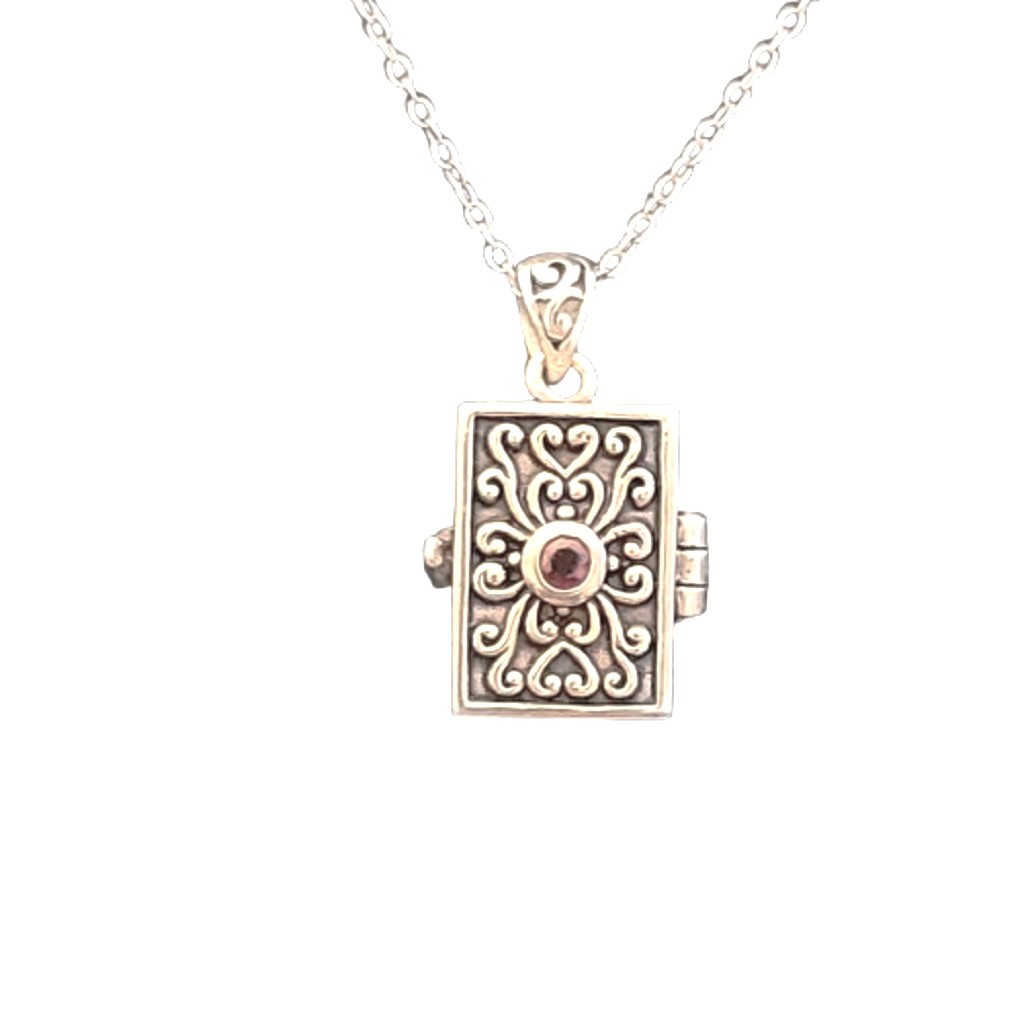 Close up view BBJ Bangkok sterling silver gemstone shaker prayer box necklace