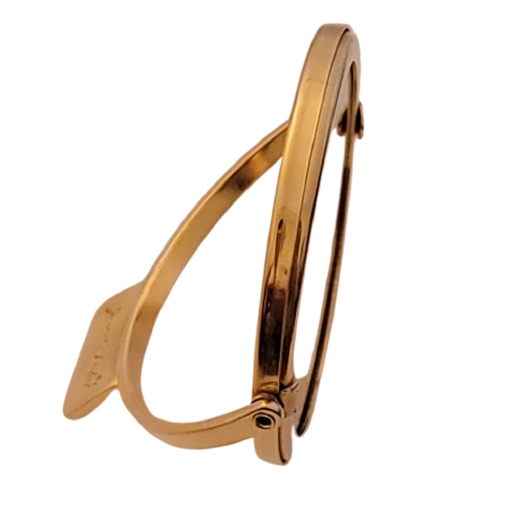 Side view of Judith Leiber gold tone double sided purse mirror