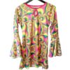 Front View Psychedelic swirling abstract print bell sleeve tie back dress