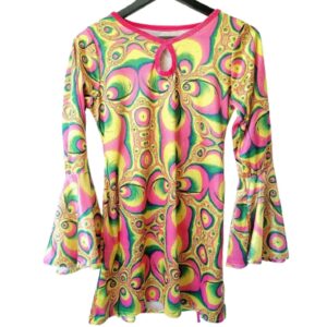 Front View Psychedelic swirling abstract print bell sleeve tie back dress