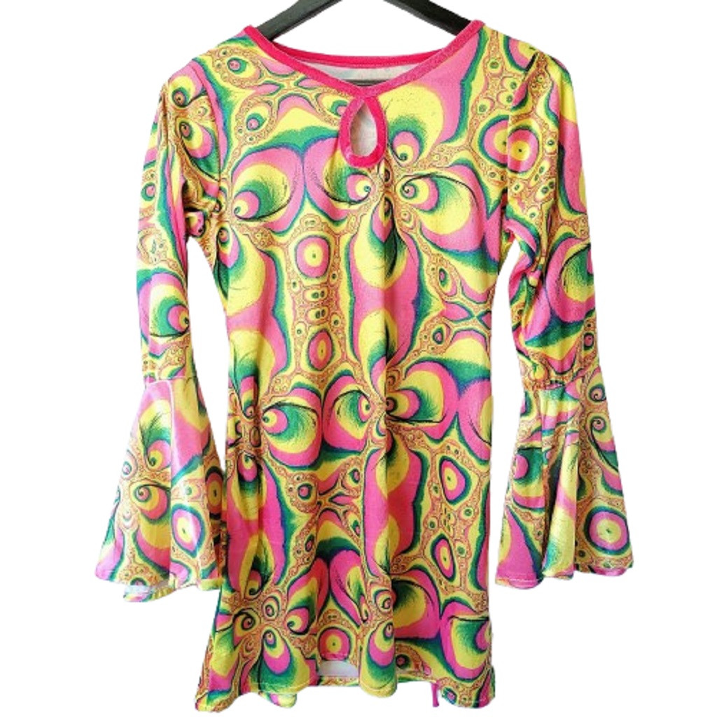 Front View Psychedelic swirling abstract print bell sleeve tie back dress