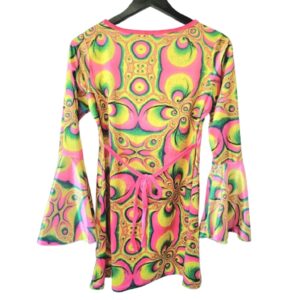 Back View Psychedelic swirling abstract print bell sleeve tie back dress