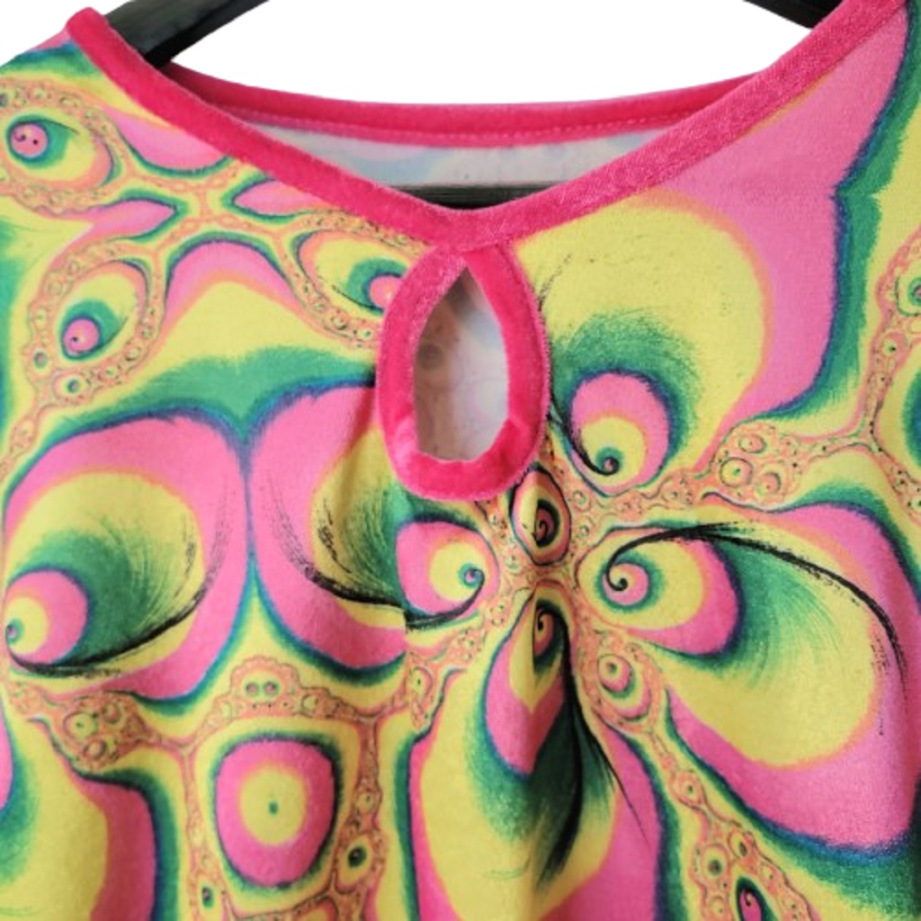 Keyhole Neckline View Psychedelic swirling abstract print bell sleeve tie back dress