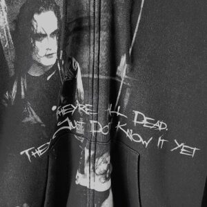 The Crow black graphic hoodie front view close up.