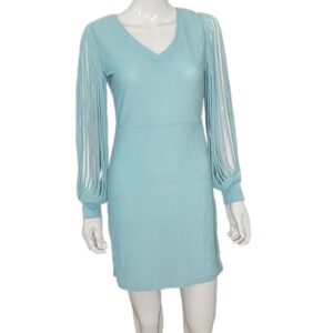Front View Vintage Aqua Blue sparkly mini spaghetti long sleeve dress
