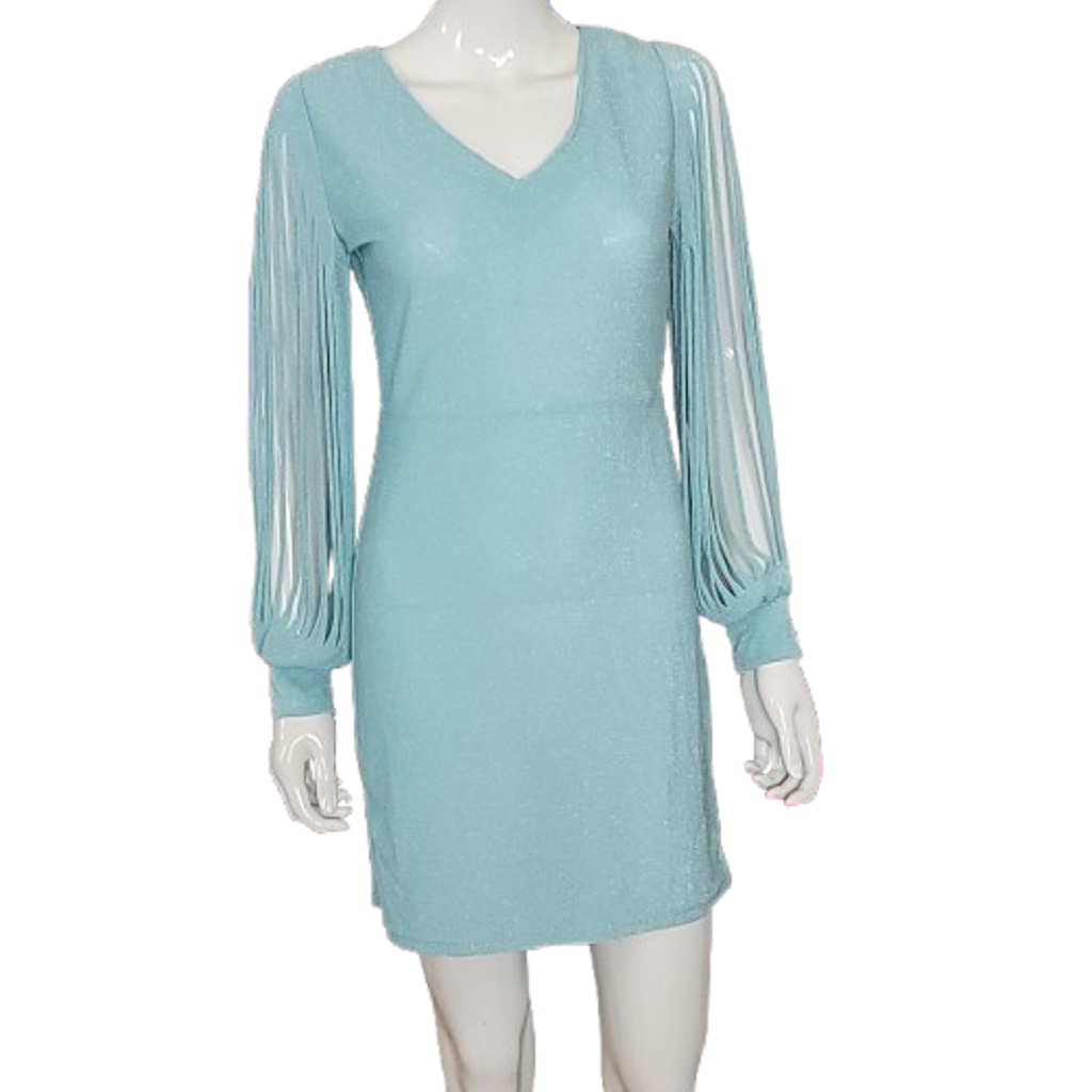 Front View Vintage Aqua Blue sparkly mini spaghetti long sleeve dress