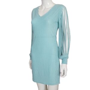 Side View Vintage Aqua Blue sparkly mini spaghetti long sleeve dress
