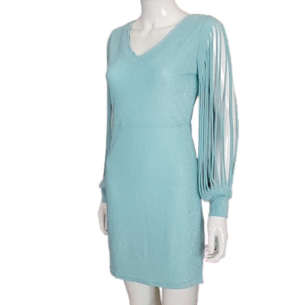 Side View Vintage Aqua Blue sparkly mini spaghetti long sleeve dress