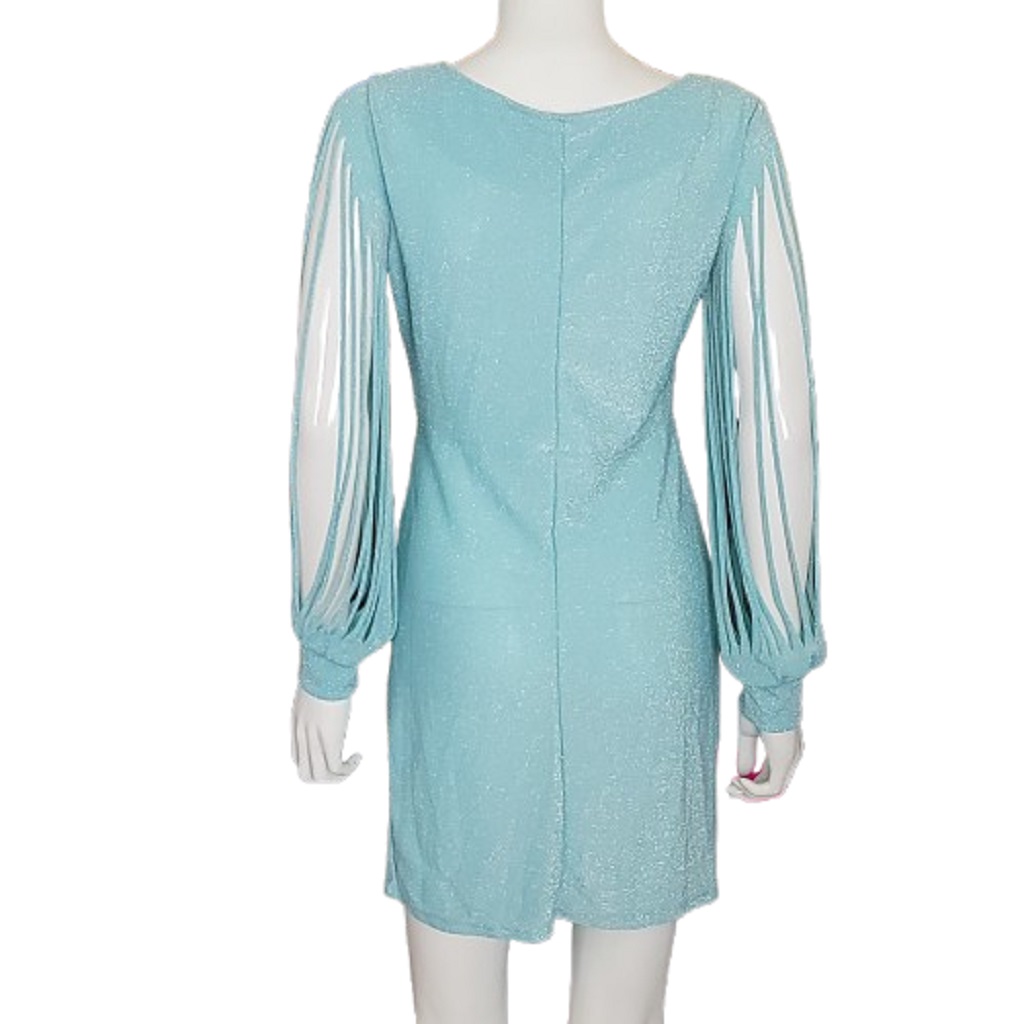 Back View Vintage Aqua Blue sparkly mini spaghetti long sleeve dress