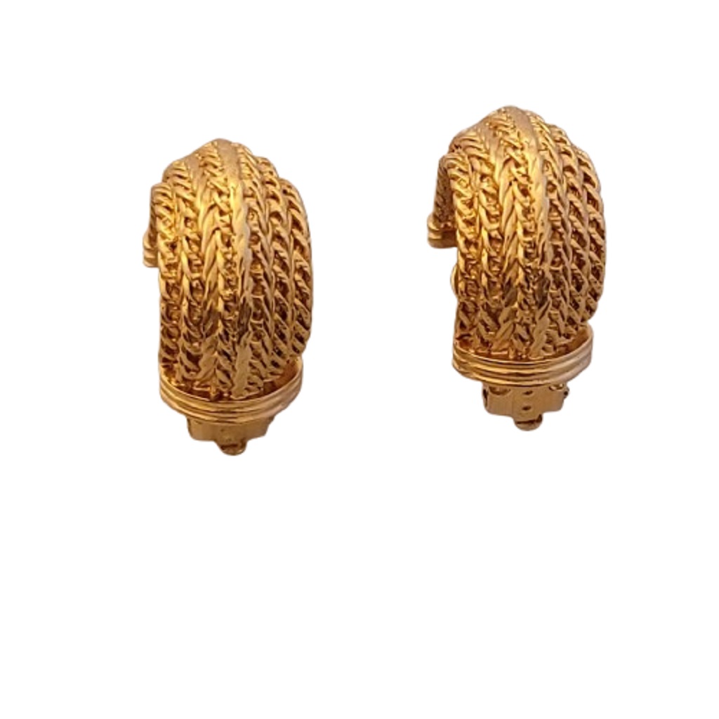 Front View of Vintage Erwin Pearl gold tone braided design clip on earrings