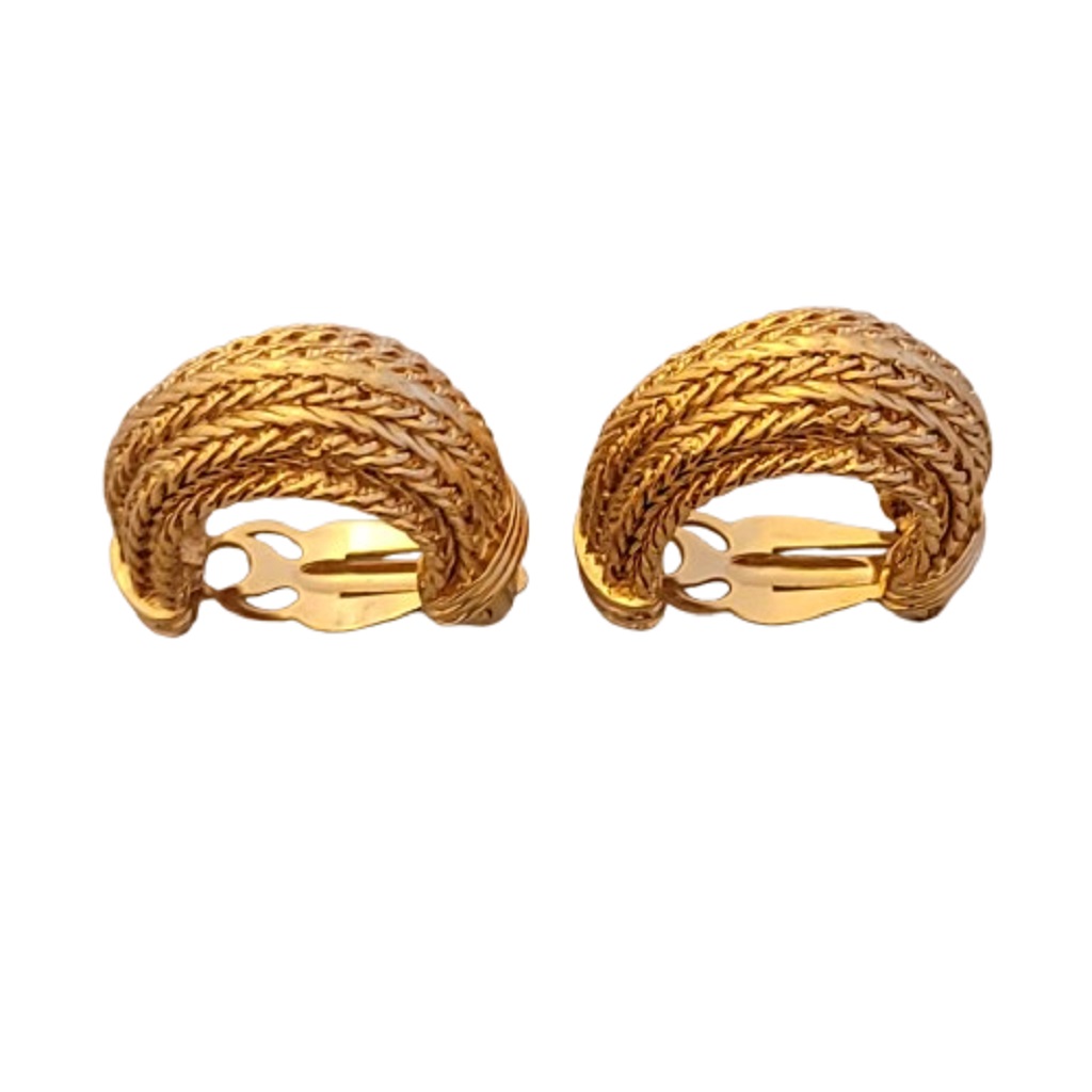 Side View Vintage Erwin Pearl gold tone braided design clip on earrings